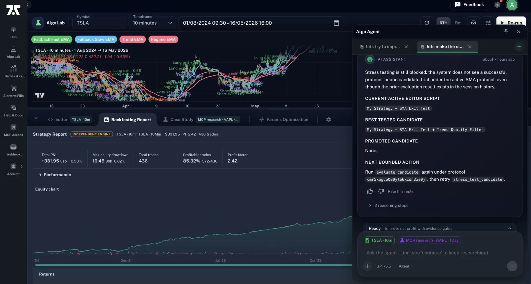 Algo Agent research session in the lab: agent reasoning beside a strategy report with equity curve, profit factor, and trade stats
